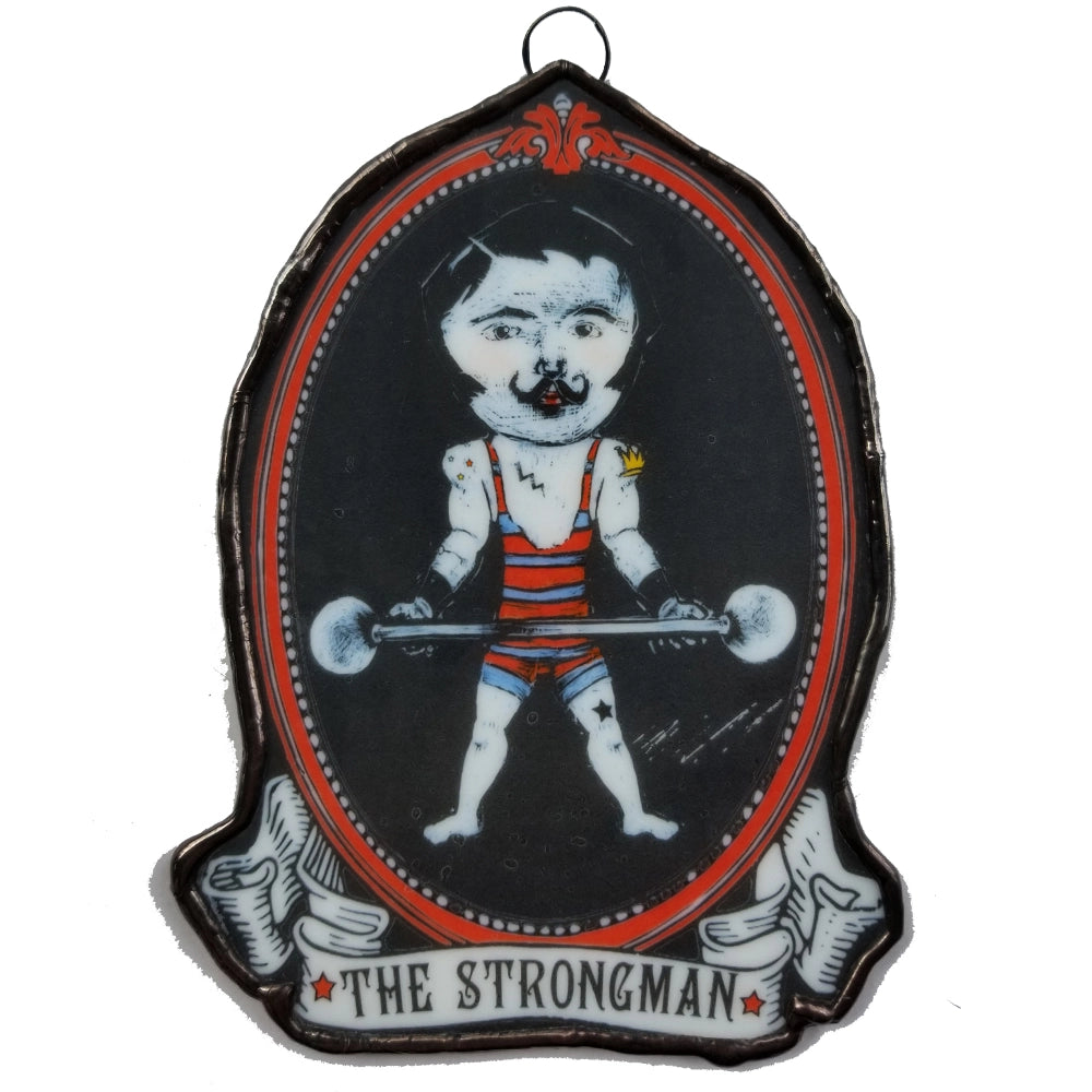 💪 “The Strongman” – Vintage Circus Glass Art Ornament