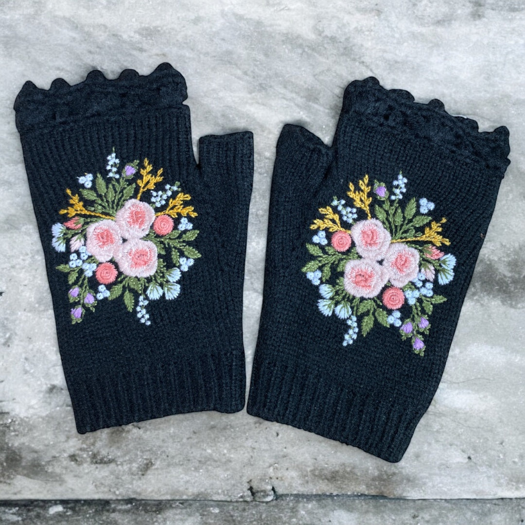 Victorian Punk Fingerless Gloves with Floral Embroidery