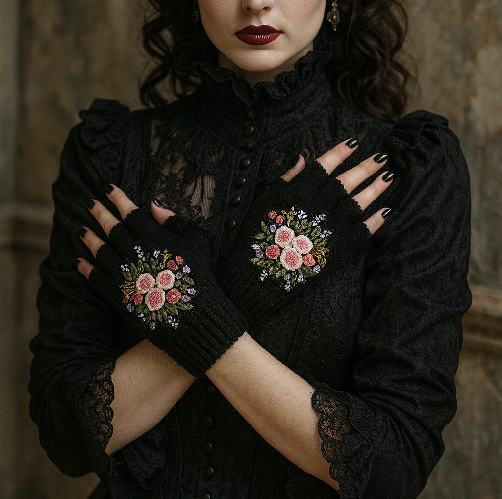 Victorian Punk Fingerless Gloves with Floral Embroidery