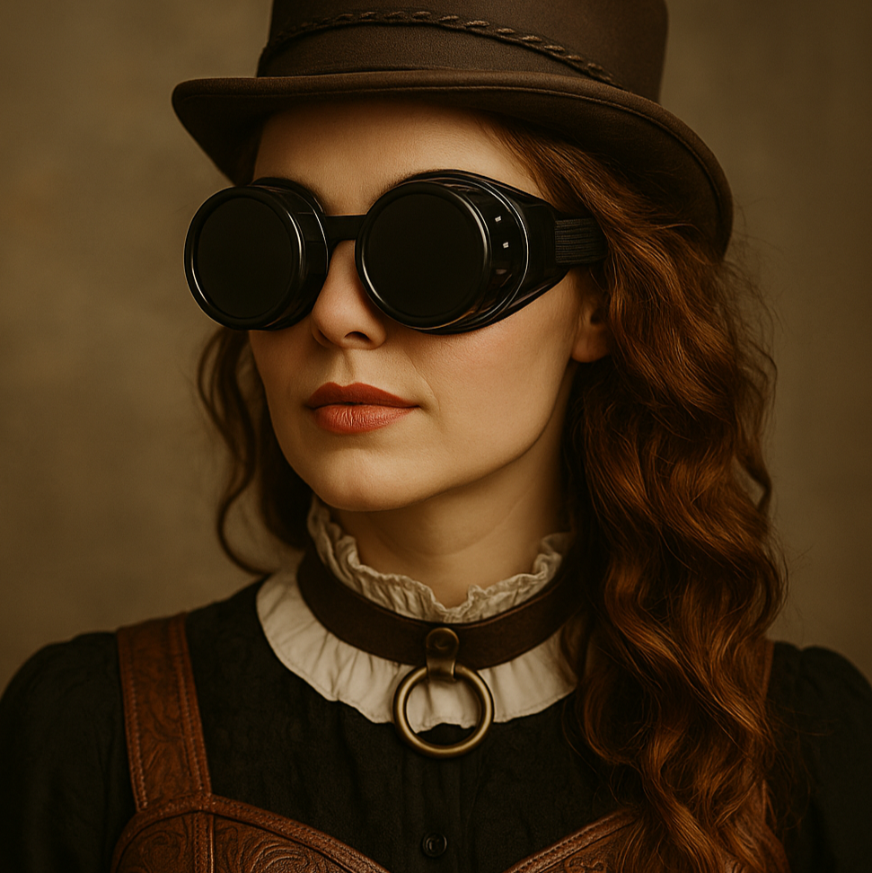 Person wearing a brown hat, goggles, and leather vest with intricate details on a brown background