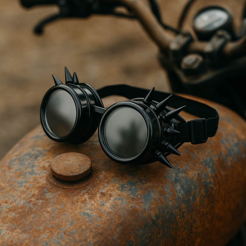 Steampunk goggles on a rusted surface with a blurred background