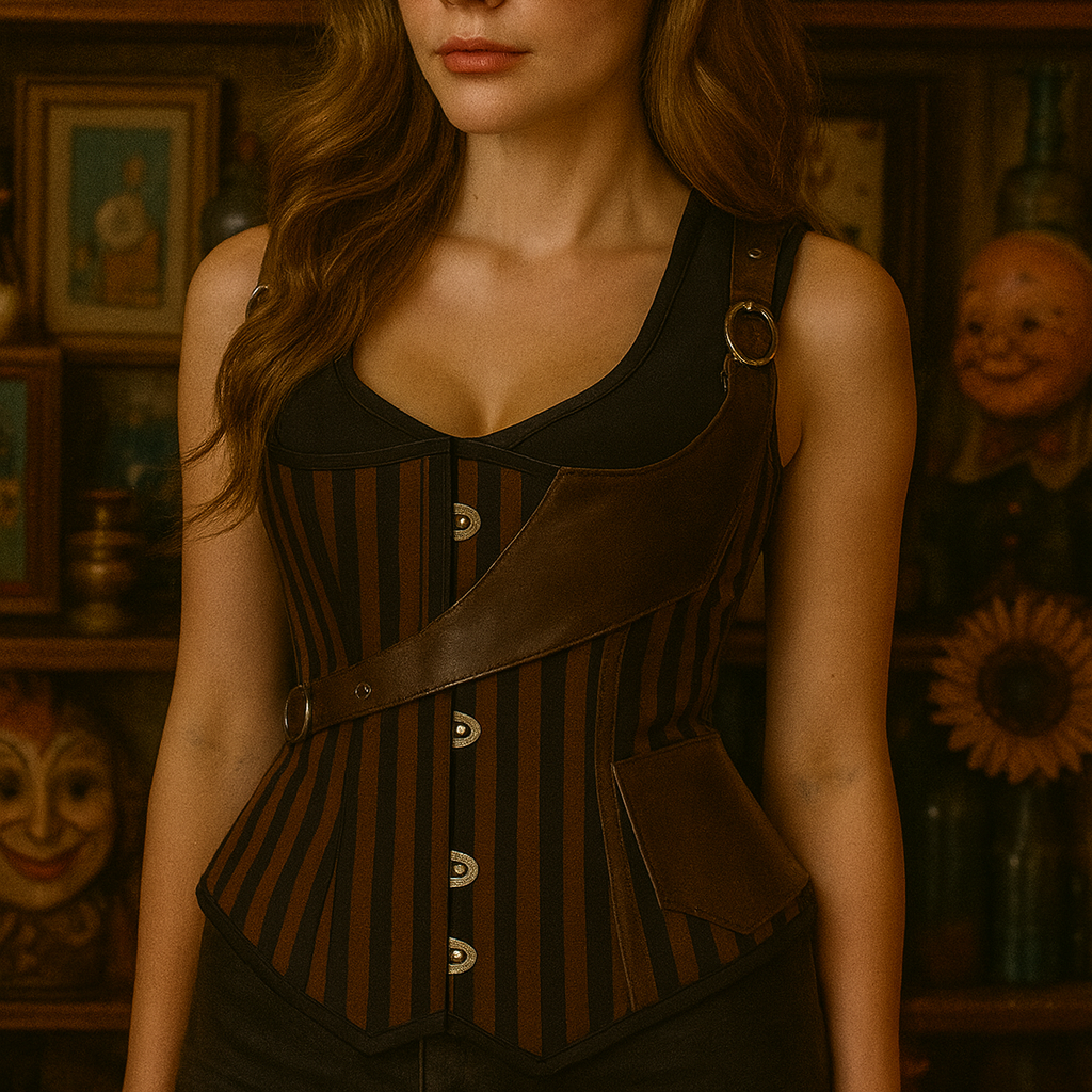 Woman in steampunk attire with goggles and vest standing in a vintage room.