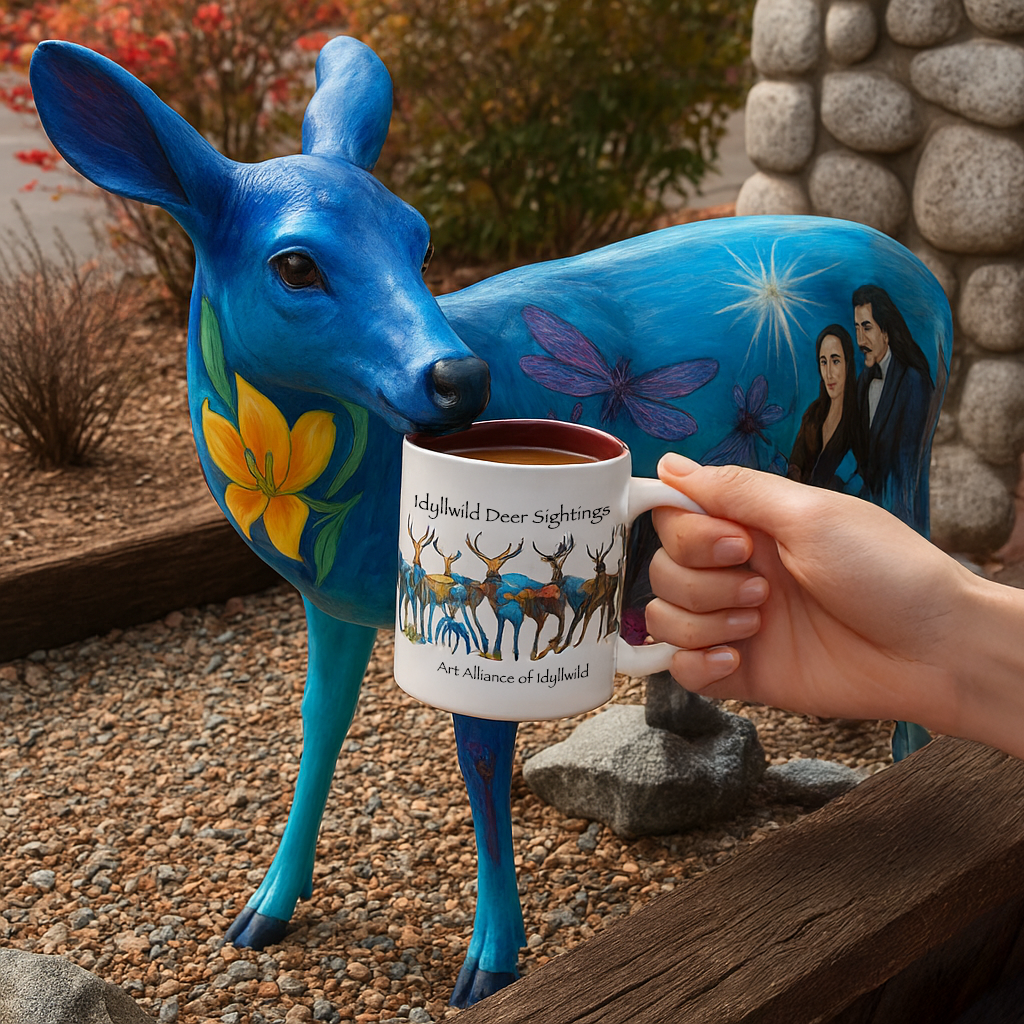 Blue deer statue with a mug held by a hand, surrounded by natural elements.