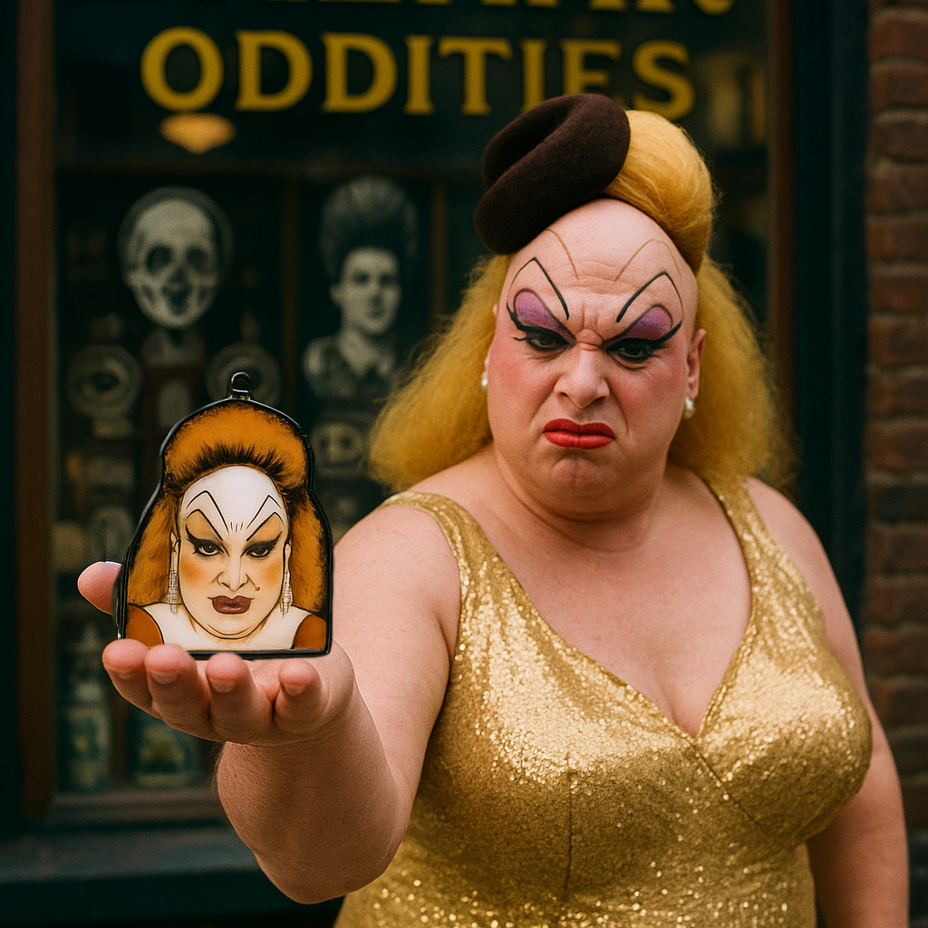 Person in a gold dress holding a small caricature figure in front of 'The Funky Bazaar Oddities' sign.