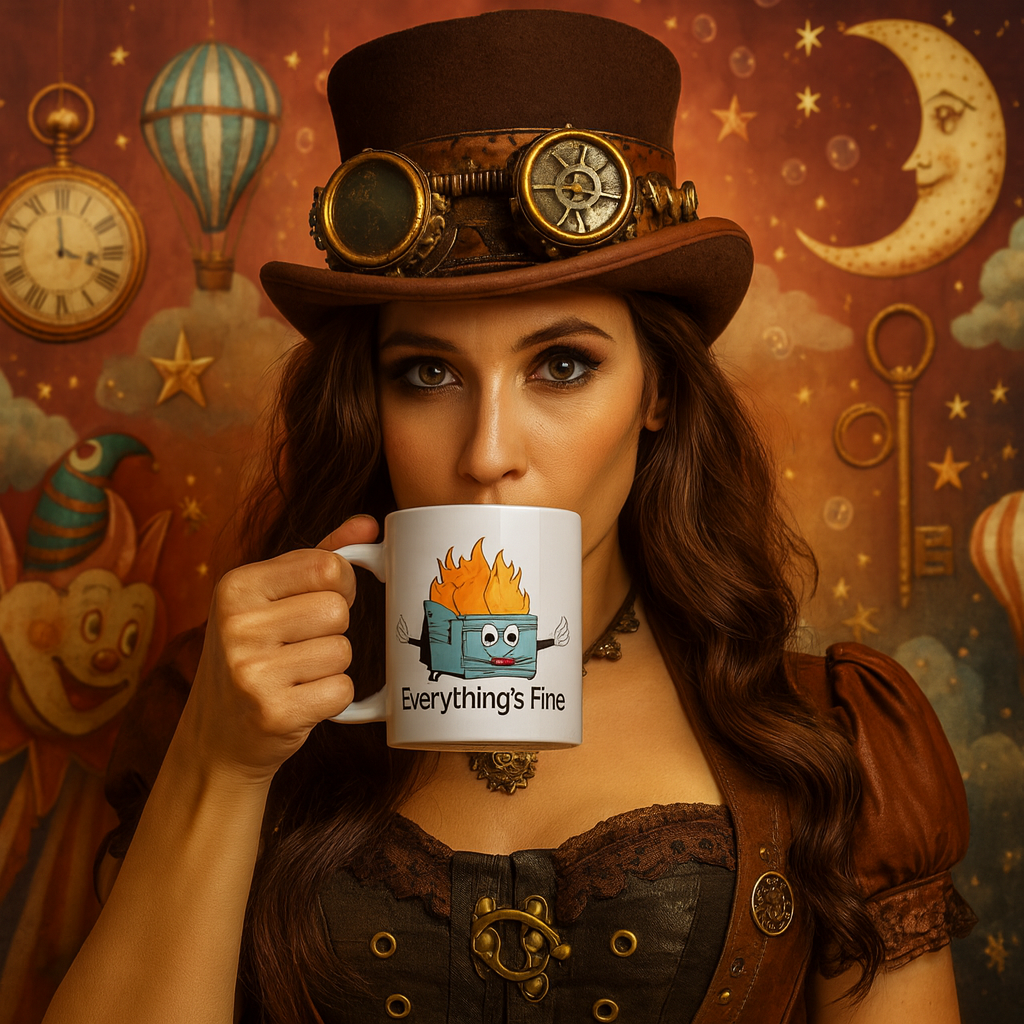 “Everything’s Fine” Dumpster Fire Mug – Funny Cute Dark Humor Coffee Cup
