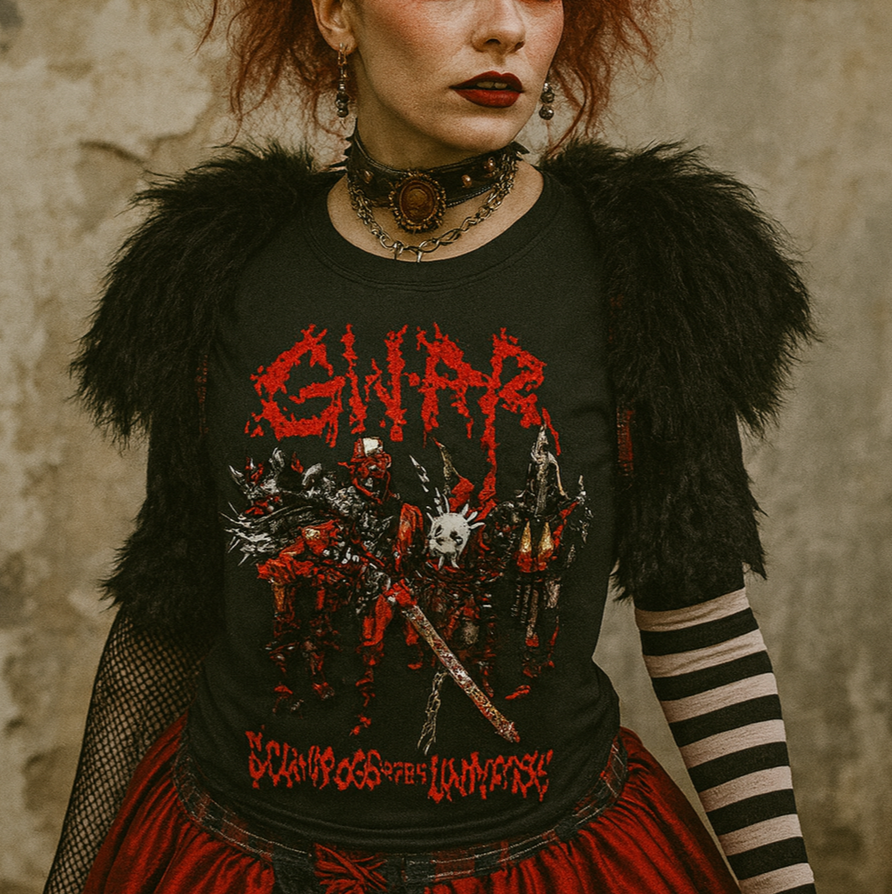 Person in gothic outfit with red hair and goggles against a textured wall.