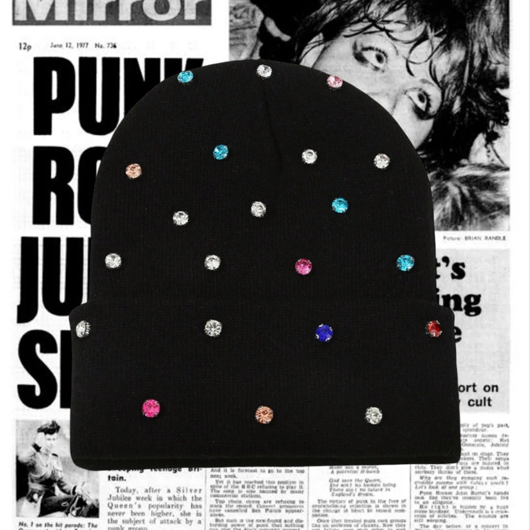 The Stardust Riot Beanie – Glam-Punk Rhinestone Knit Hat