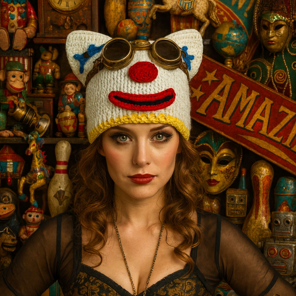 Woman wearing a colorful clown hat in front of vintage carnival decorations