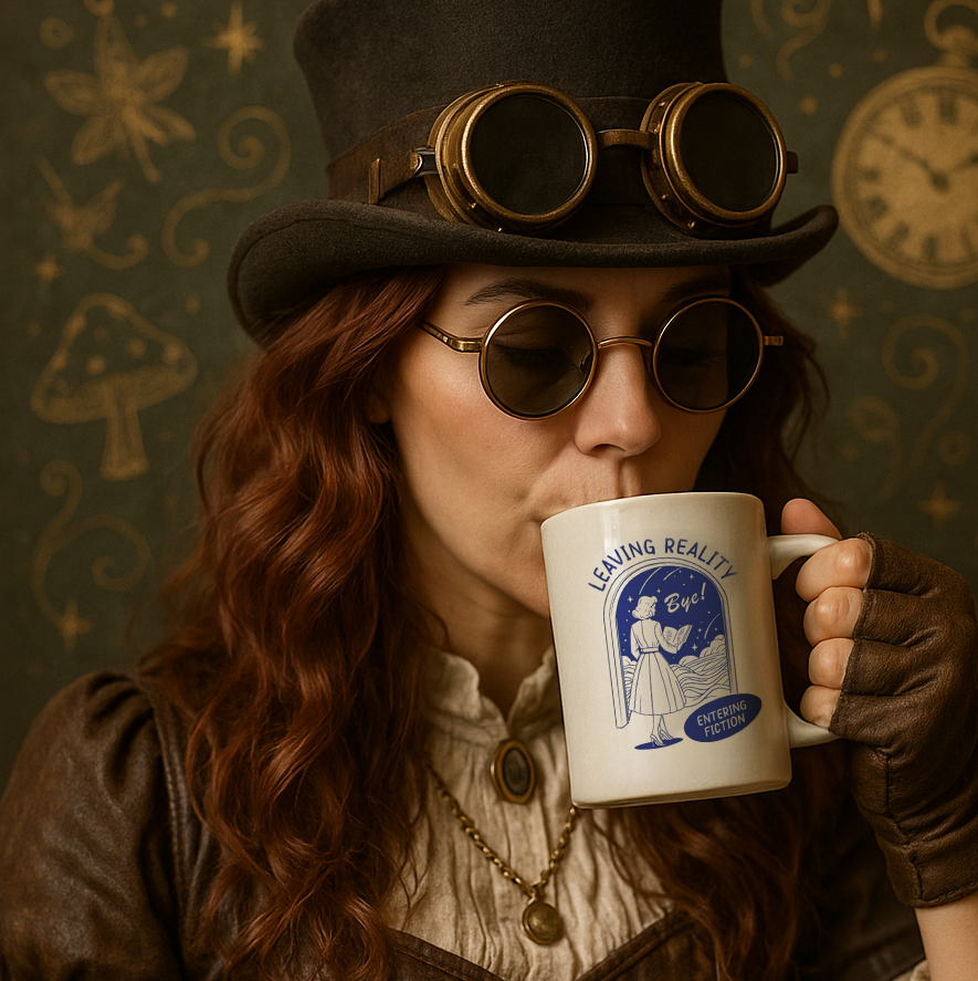 Person in steampunk attire holding a mug with a decorative background