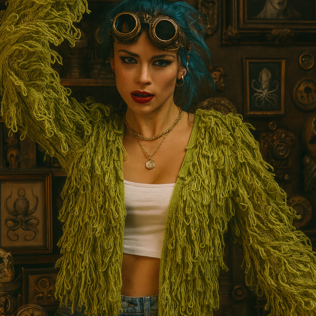 Woman with blue hair and green jacket in a vintage interior setting