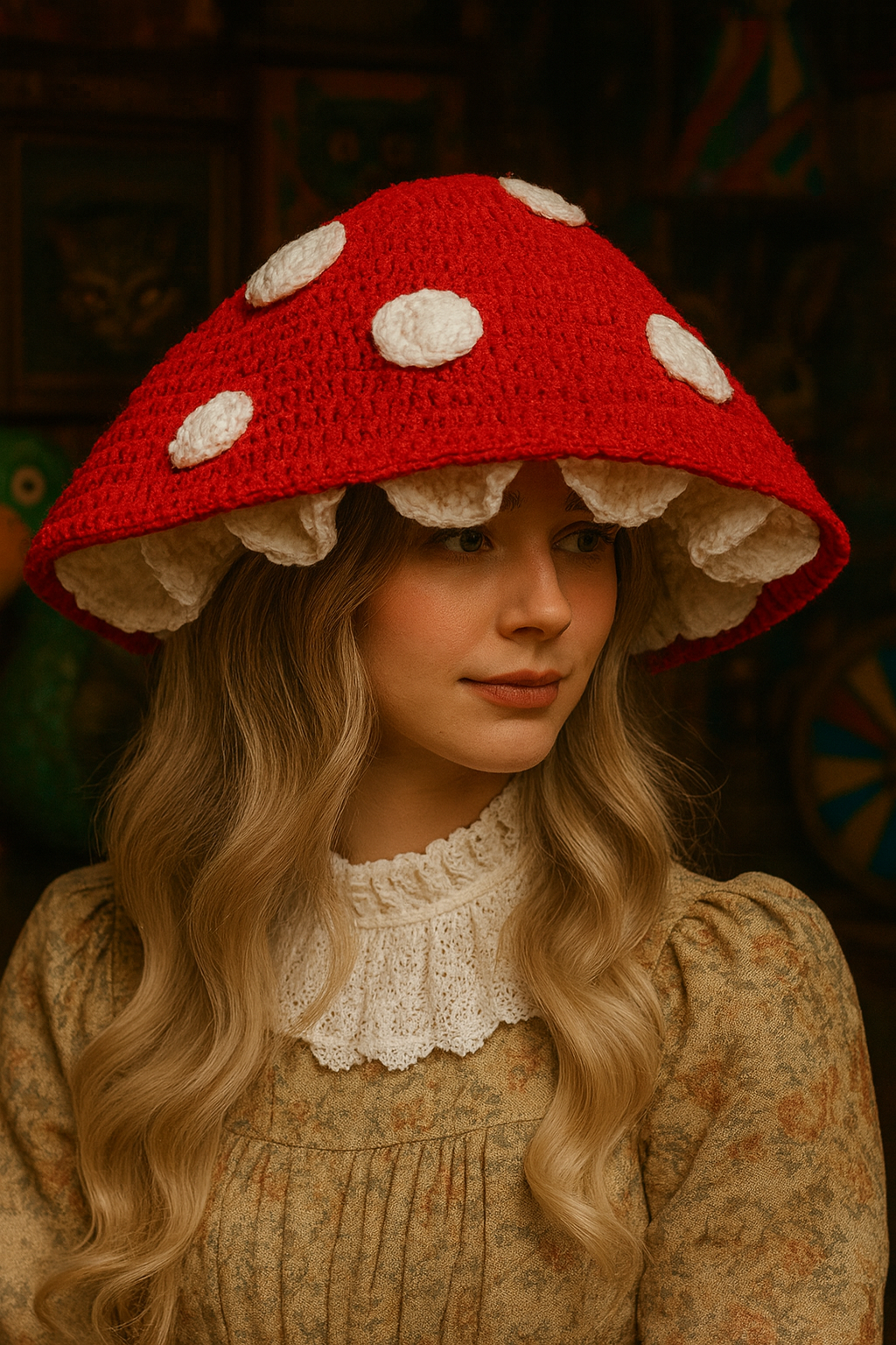 Person wearing a red and white mushroom-shaped hat with a patterned background