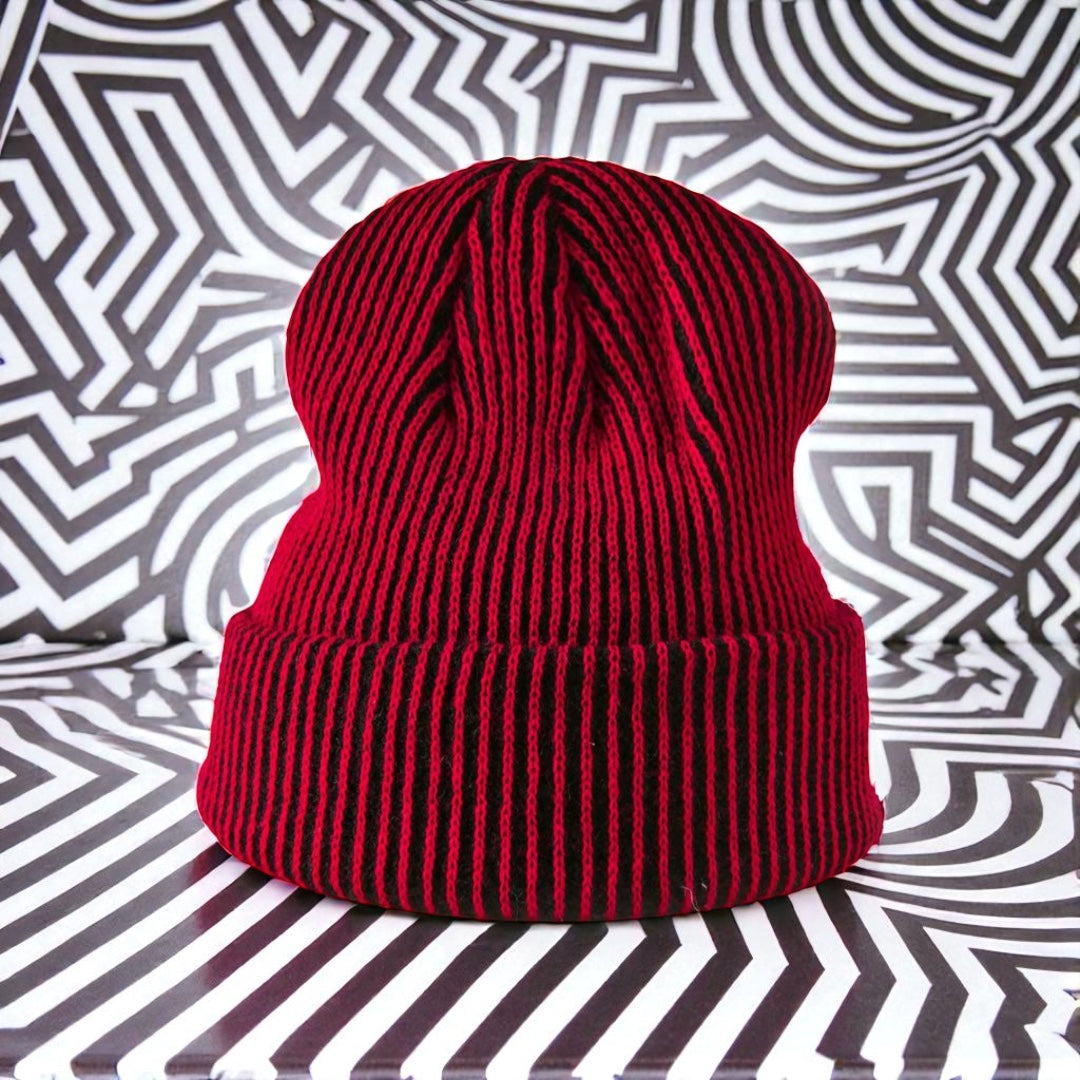 The Hypnotist’s Op-Art Knit Beanie - Black/Red