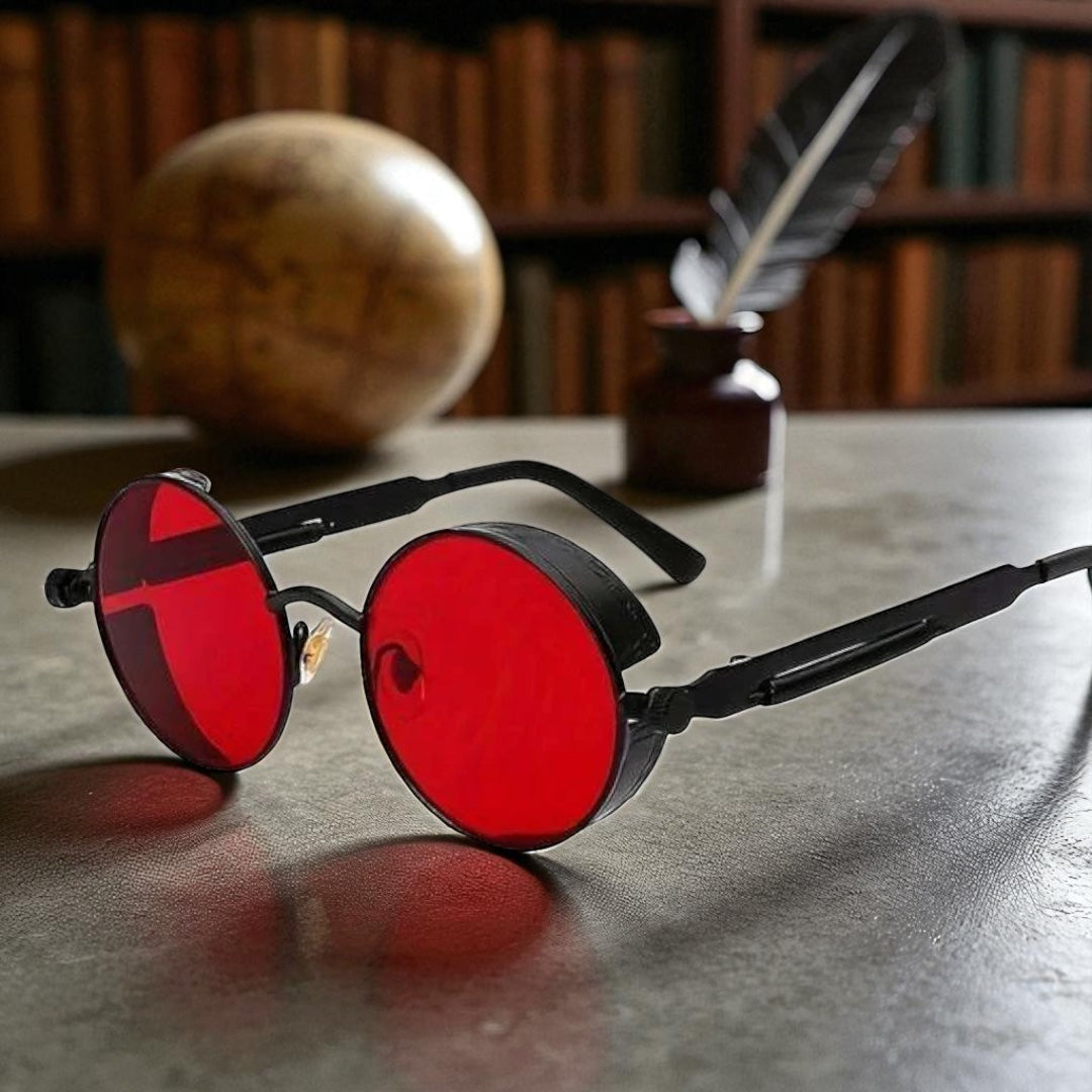 Red Lens Steampunk Round Glasses - Retro Gothic Festival Shades