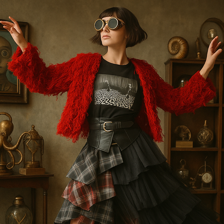 Person wearing a red jacket and black outfit with plaid accents in an ornate room.