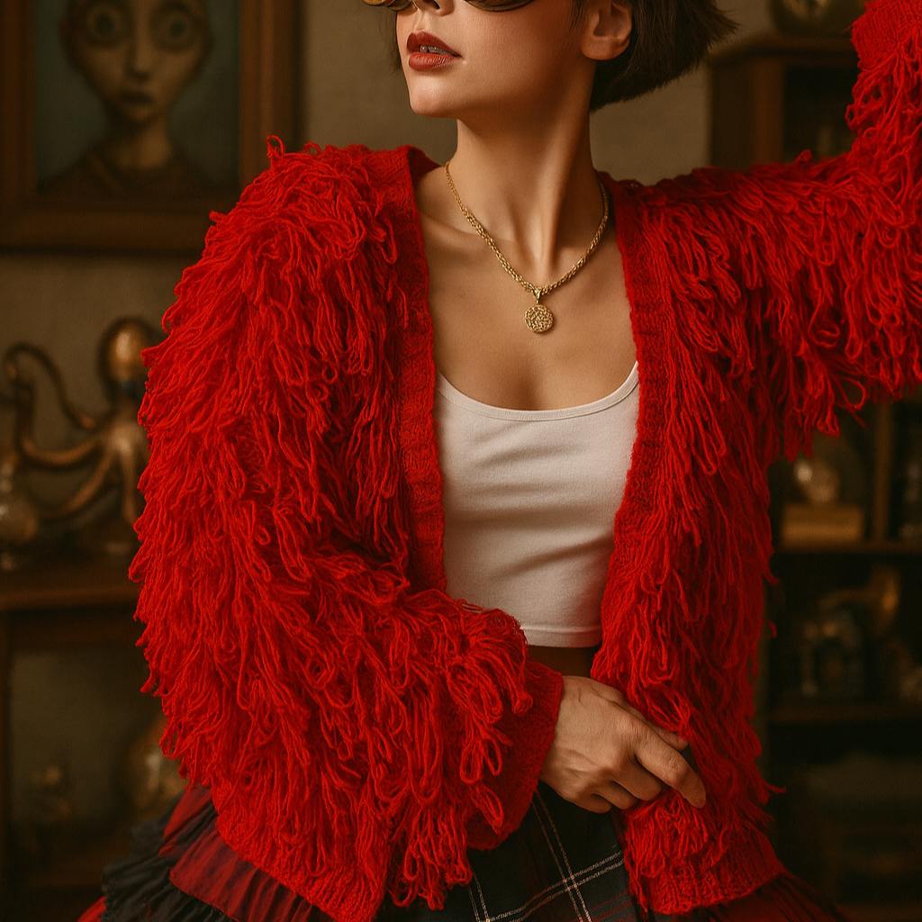 Person wearing a red fringed jacket over a white top and plaid skirt in a warm-toned room.