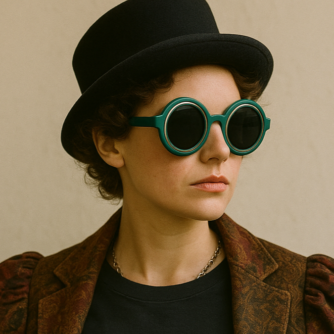Person wearing a black hat, green sunglasses, and a brown patterned jacket against a beige background
