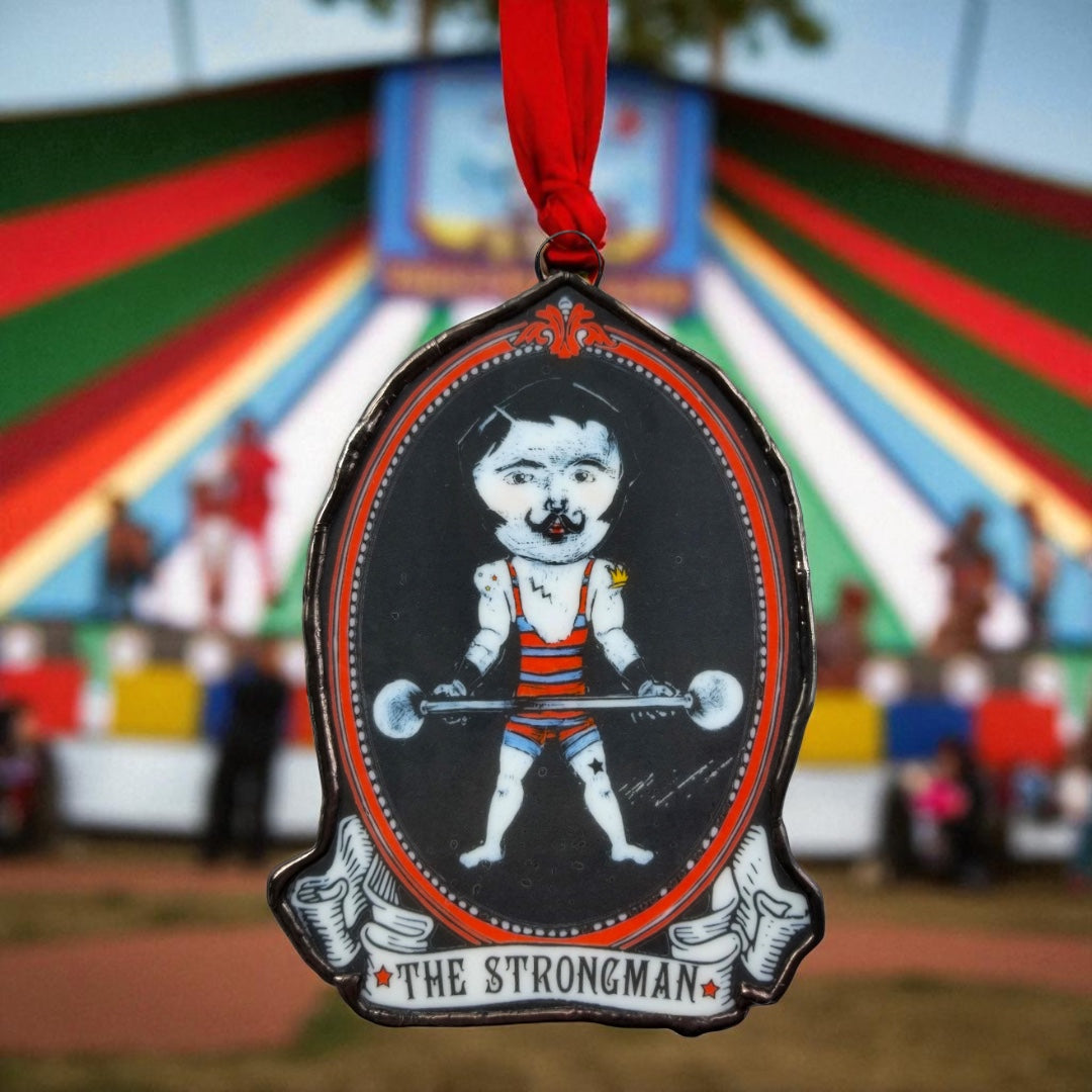 💪 “The Strongman” – Vintage Circus Glass Art Ornament