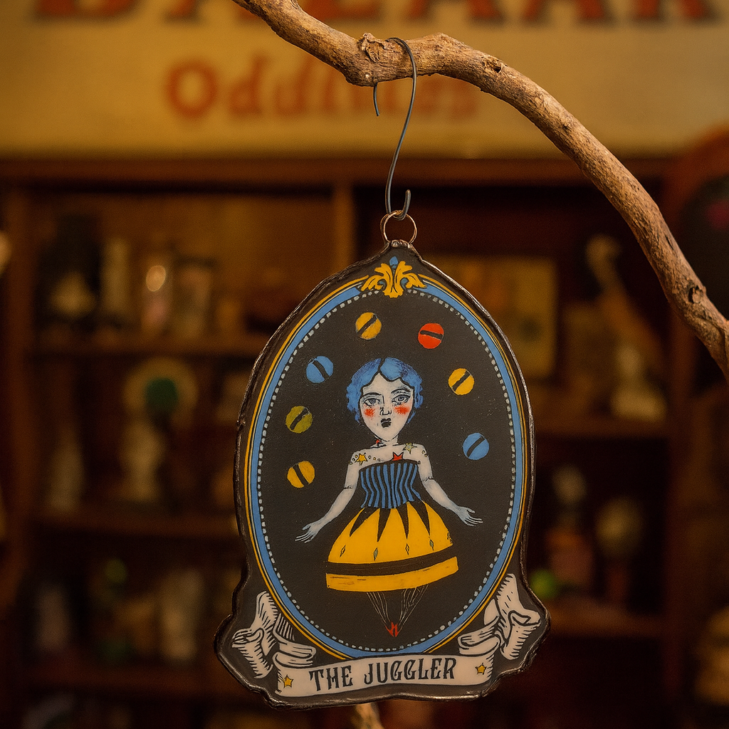 Decorative sign with a character illustration hanging from a branch, with 'Funky Bazaar' in the background.
