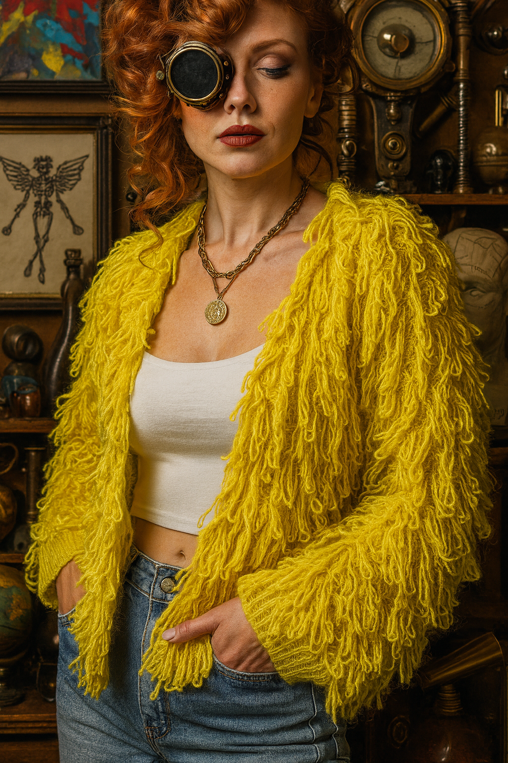 Rebel Romance Shaggy Sweater – Bold Punk-Inspired Streetwear Knit - Caution Yellow