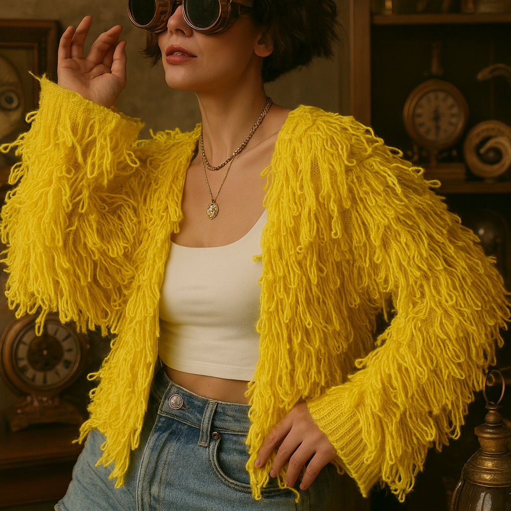 Rebel Romance Shaggy Sweater – Bold Punk-Inspired Streetwear Knit - Caution Yellow