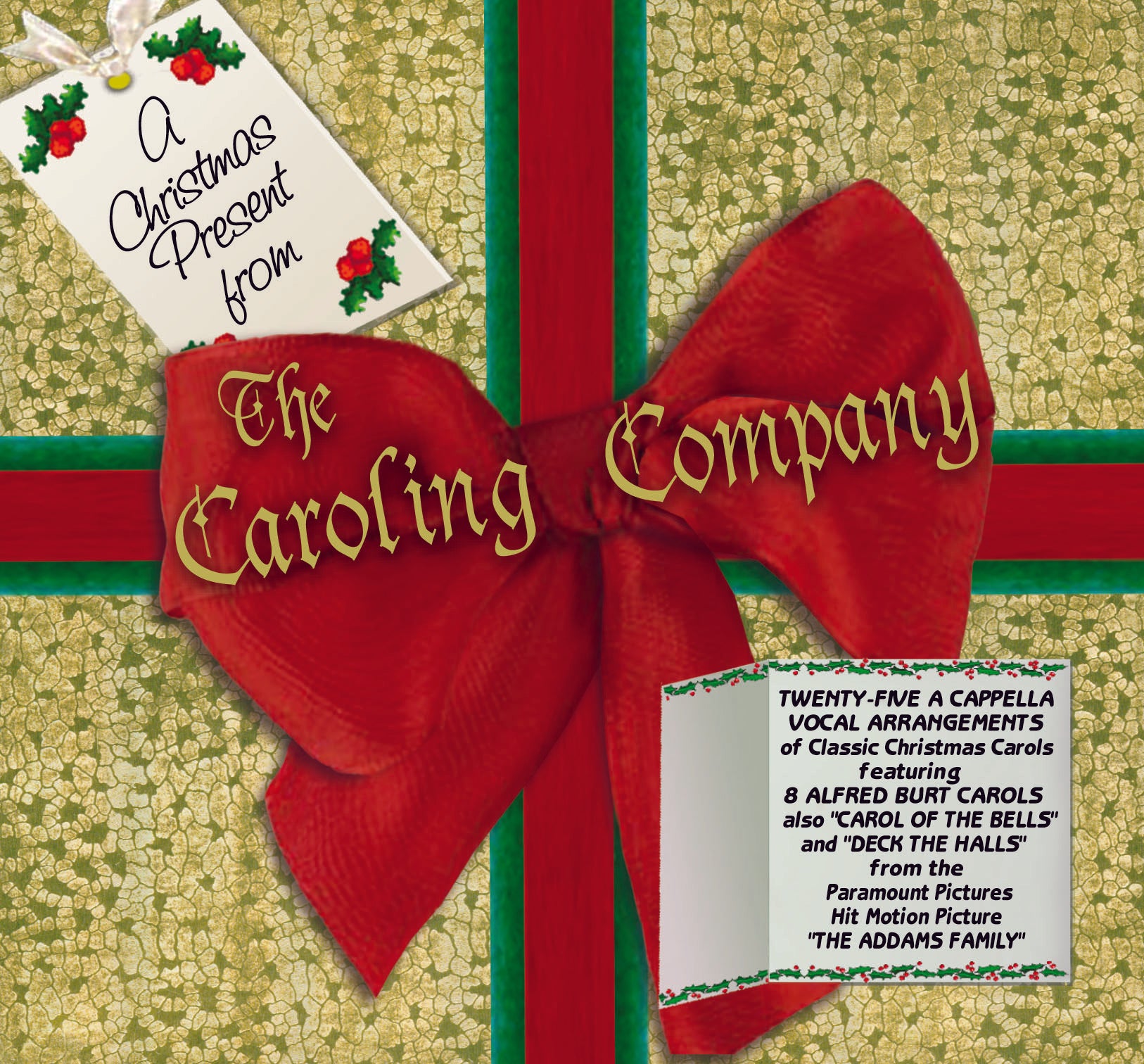 Gift box style CD cover with red ribbon and 'The Caroling Company' tag on a green textured background