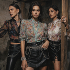 Three women in stylish outfits posing in a rustic setting