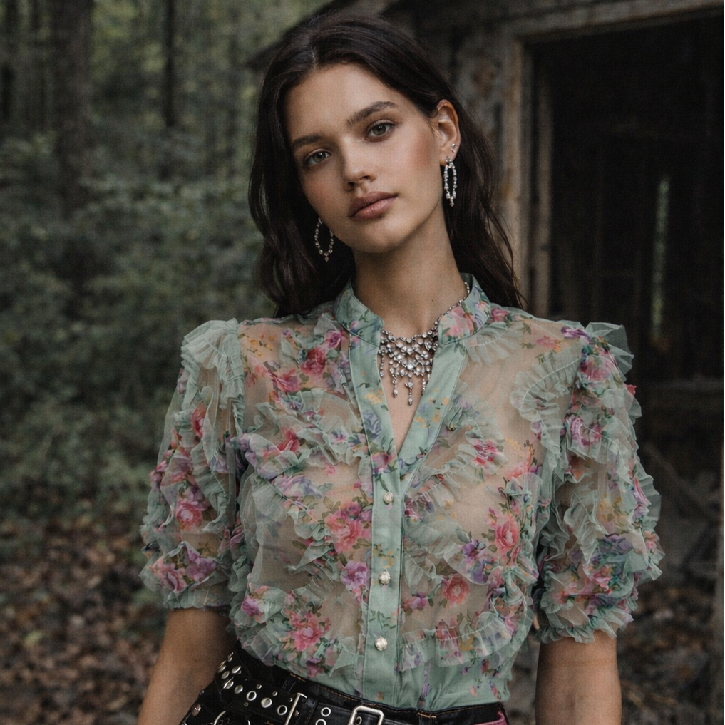 Woman wearing a floral blouse with a rustic background