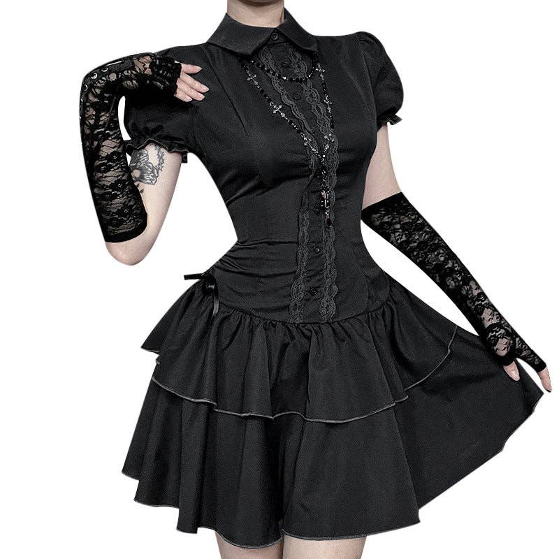 Black A-Line Dress With Bow Short Sleeves