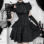 Black A-Line Dress With Bow Short Sleeves