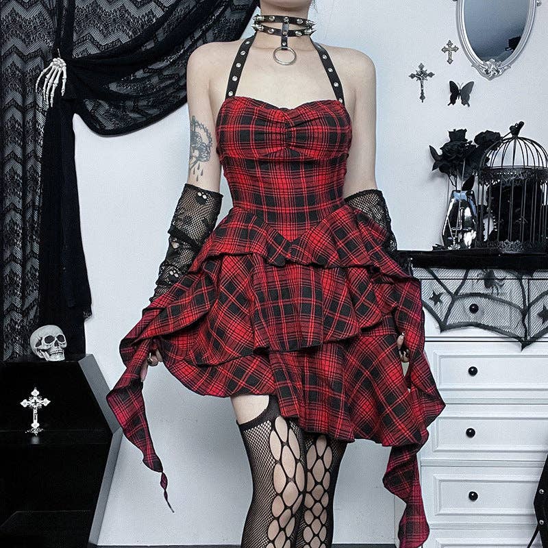 Sleeveless Red Checkered Bodycon Dress with Open Back