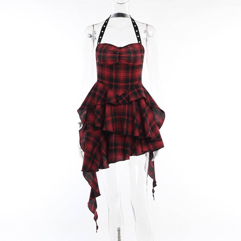 Sleeveless Red Checkered Bodycon Dress with Open Back