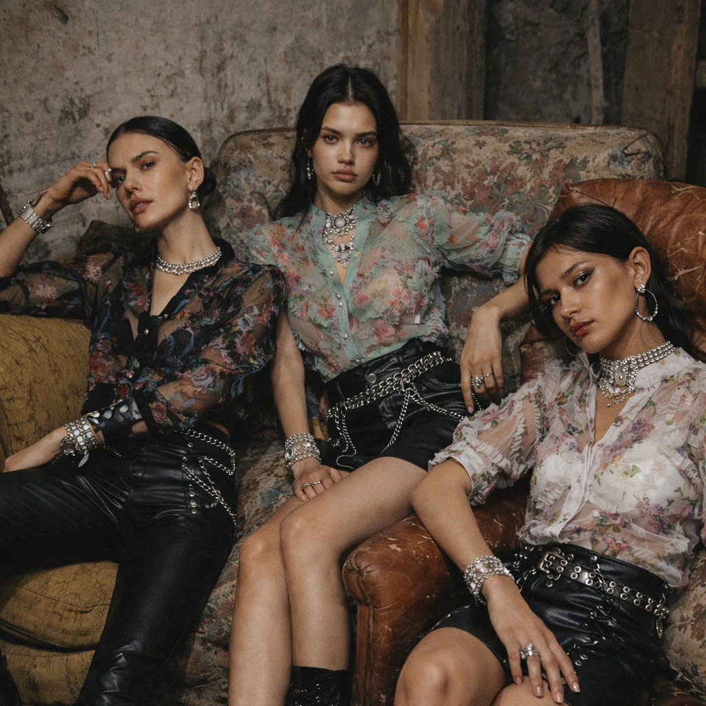Three women sitting on a vintage couch in a rustic setting