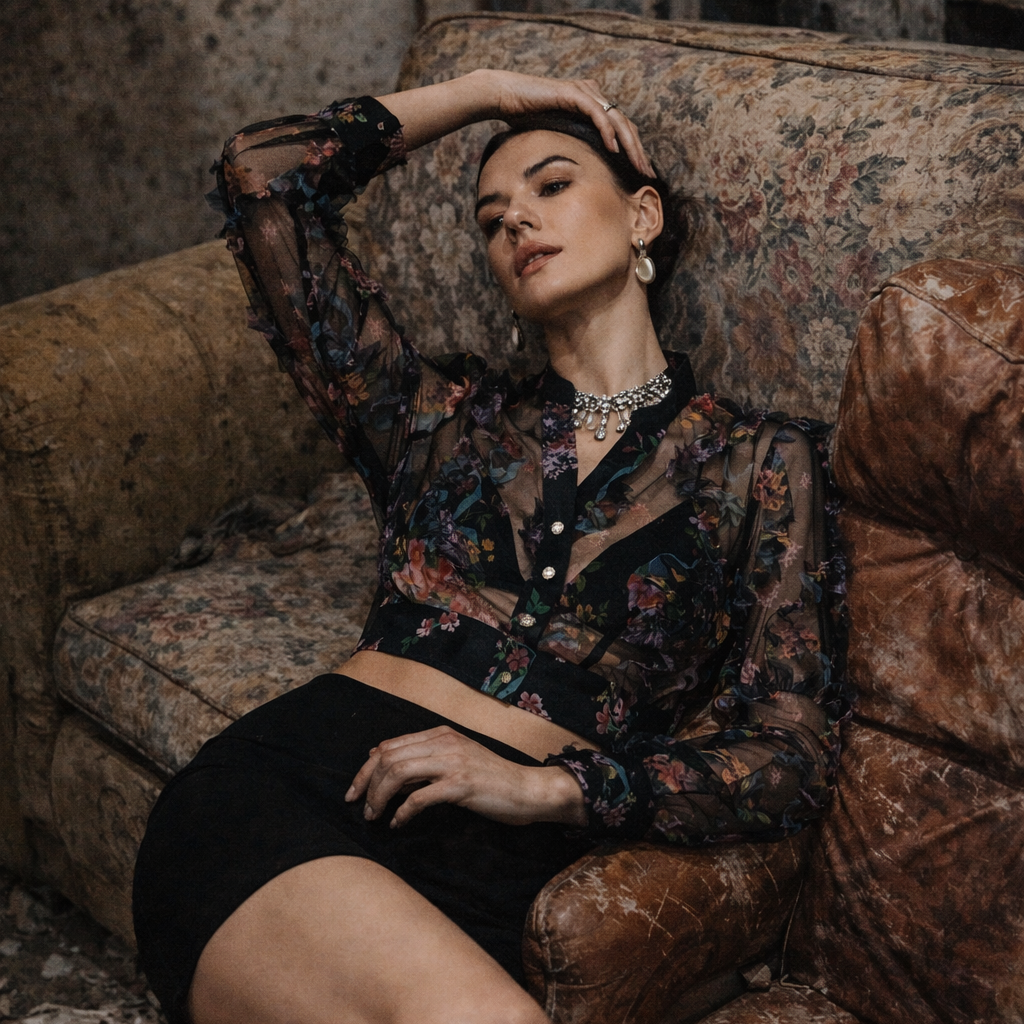 Woman sitting on a vintage couch in a dimly lit room
