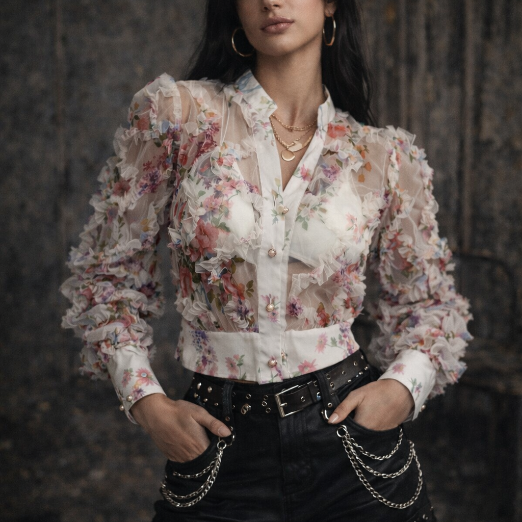 Woman wearing a floral blouse and black shorts with chains against a textured wall.