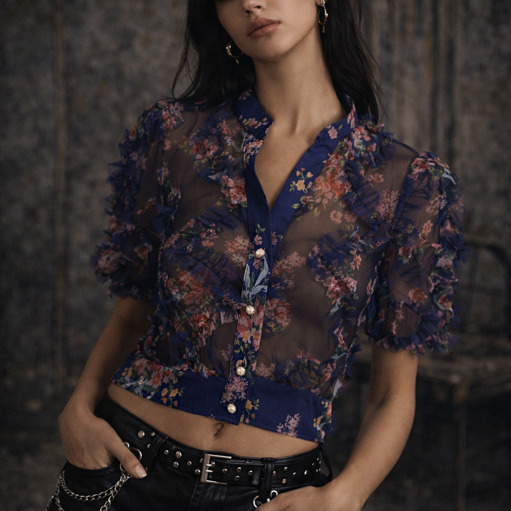 Woman wearing a floral blouse and black shorts against a dark background