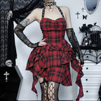 Sleeveless Red Checkered Bodycon Dress with Open Back