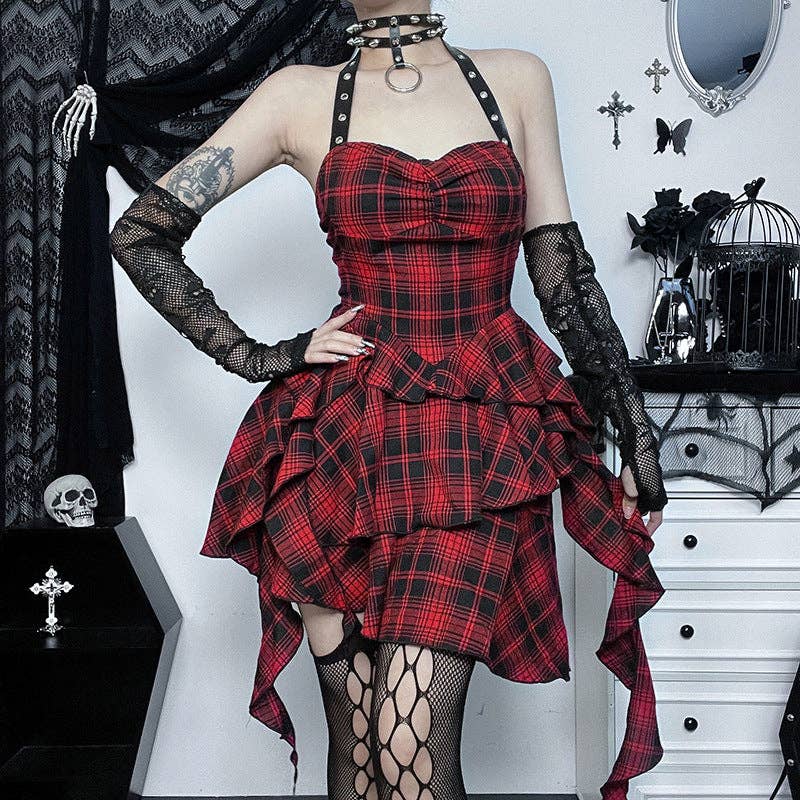 Sleeveless Red Checkered Bodycon Dress with Open Back