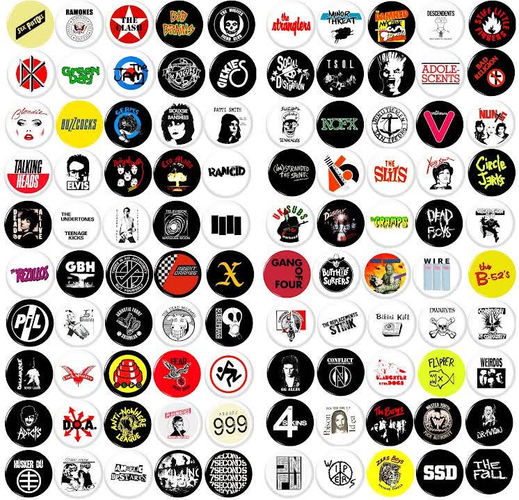 100 Punk Music set 1" Inch (25mm) pins buttons records bands