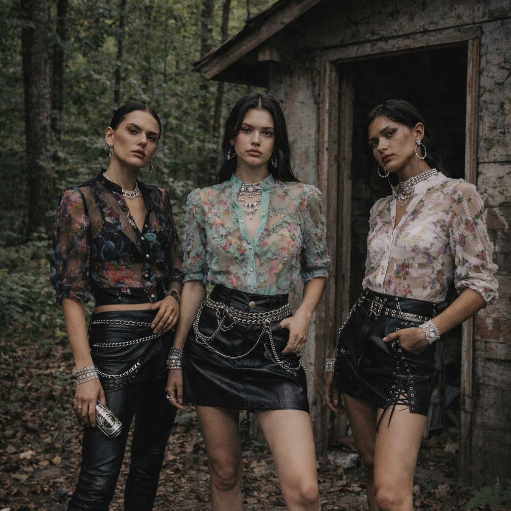 Three women in stylish outfits standing in a forest setting.