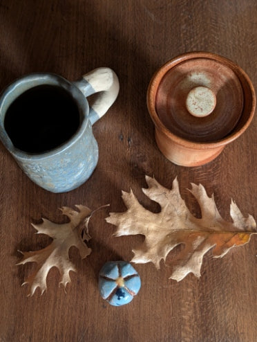 Burnt orange ceramic vessel & lid, hand built