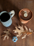 Burnt orange ceramic vessel & lid, hand built