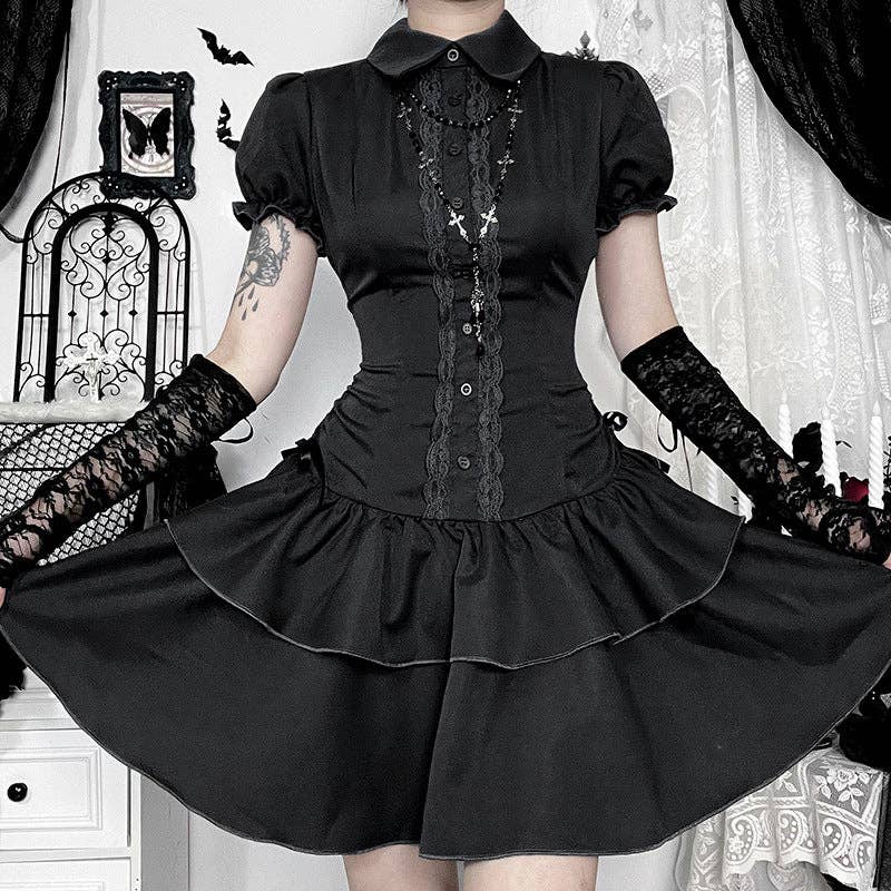 Black A-Line Dress With Bow Short Sleeves