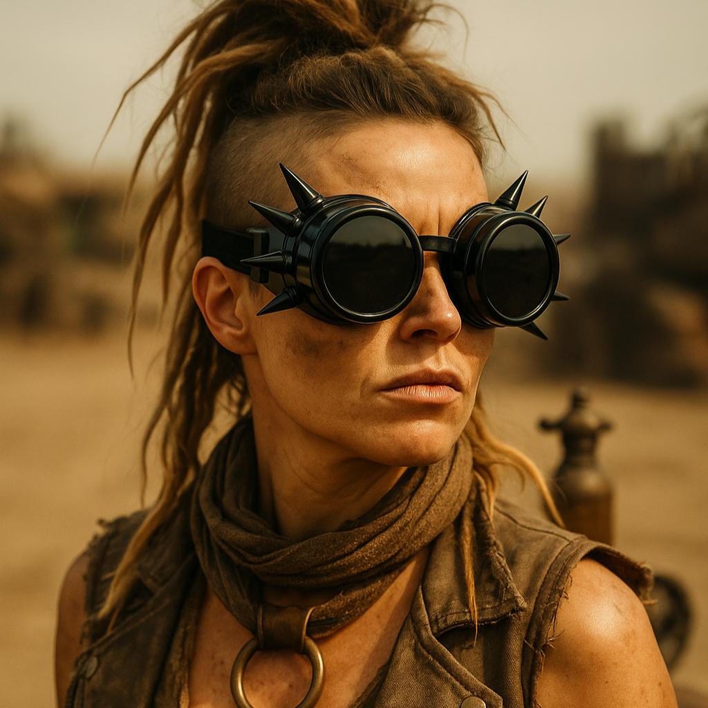 Person wearing spiked goggles and a leather outfit in a desert setting