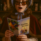 Person in vintage attire holding a 'Caroling, Caroling' holiday greeting card in a cozy room.