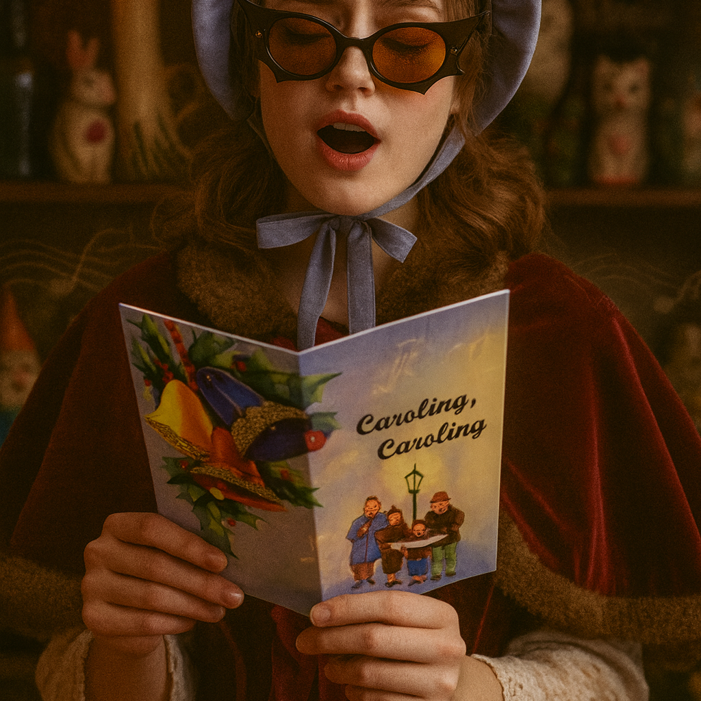 Person in vintage attire holding a 'Caroling, Caroling' holiday greeting card in a cozy room.