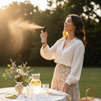 Woman in a white blouse and floral skirt standing by a table with a lace tablecloth, spraying something from a bottle.