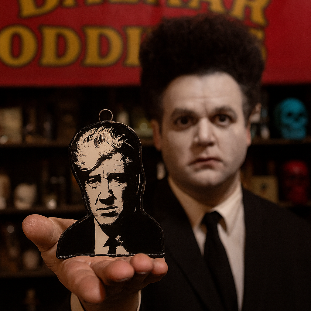 Man holding a portrait cutout in front of a 'Funky Bazaar Oddities' sign.