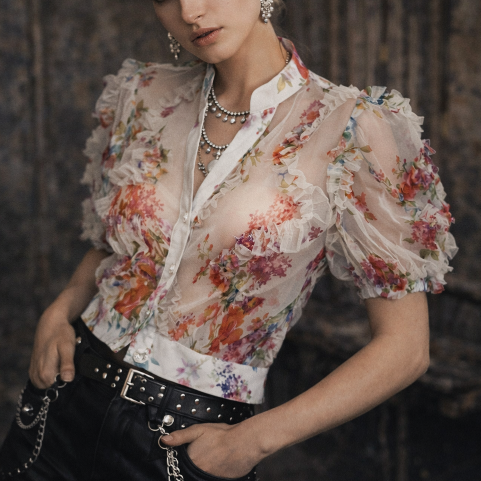Woman wearing a floral blouse and black shorts with a dark background