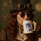 Person in steampunk attire holding a mug with a decorative background