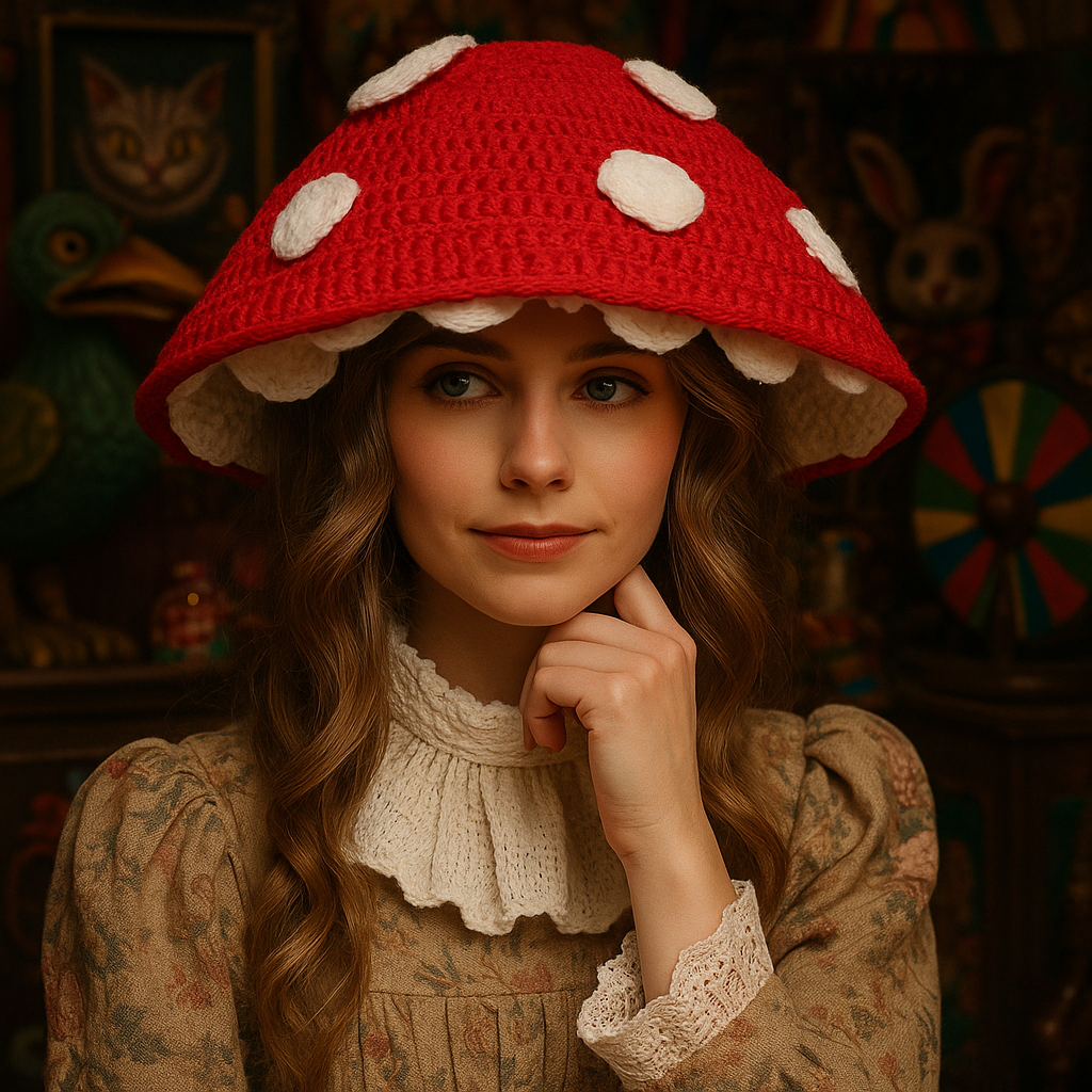 Woman wearing a red and white polka dot mushroom hat in a vintage setting